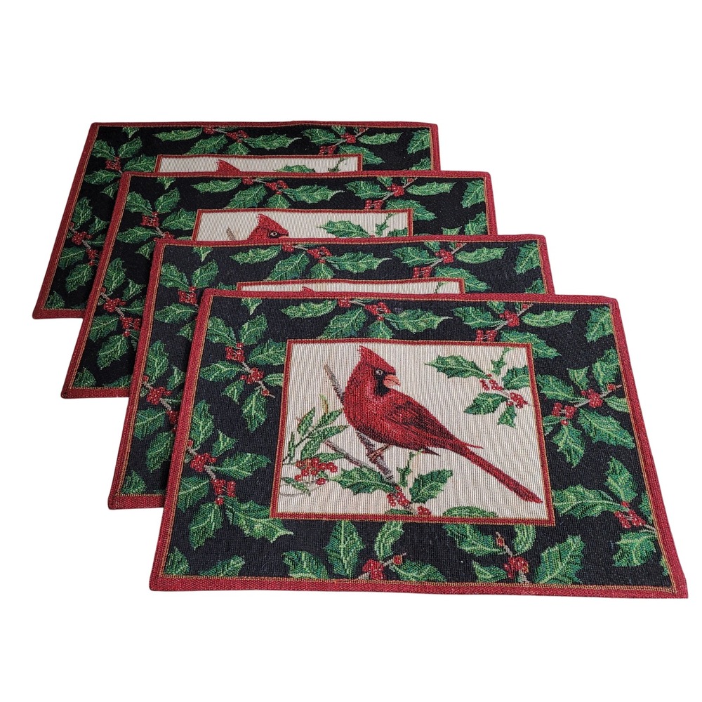 St Nicholas Square Christmas Cardinal Tapestry Placemats Set of 4 Red Green